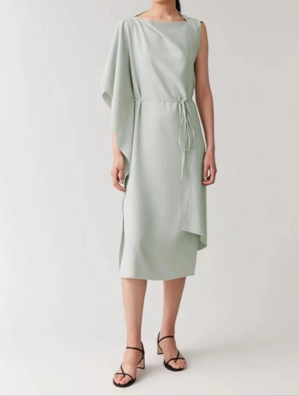 COS Asymmetrical Draped Light Green Tie-Waist Laser Cut Edges Dress Size 2